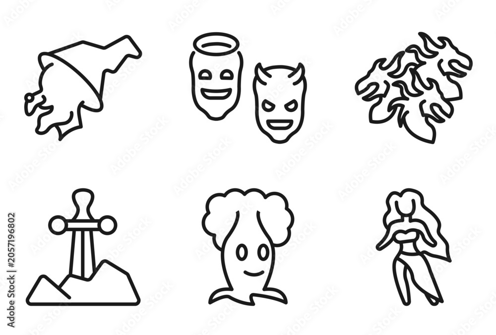 Fototapeta premium outline fairy tale icons set - witch, antagonist, hydra, madre monte. editable vector for web and mobile ui