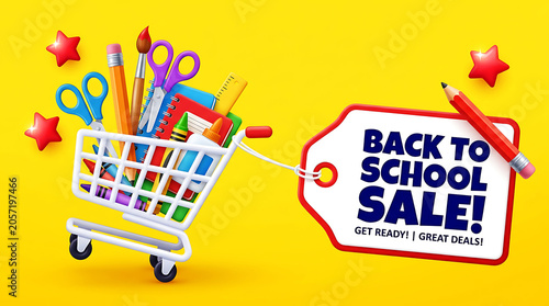 Back to school sale shopping cart with school supplies on yellow background