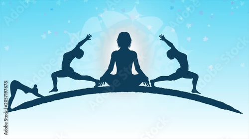 International Yoga Day Animation with Meditation Silhouettes and Yoga Poses on Blue Wellness Background
