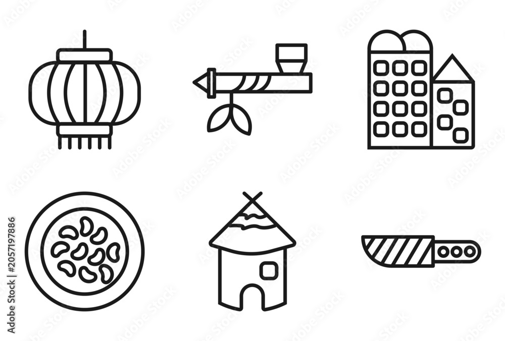 Obraz premium outline culture icons set - chinese lantern, pipe of peace, bo kaap, knife in sheath. editable vector for web and mobile ui