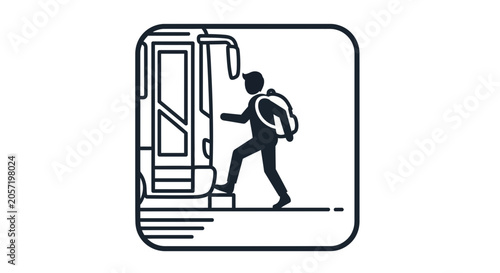 Student boarding bus with backpack, school transport icon, back to school concept