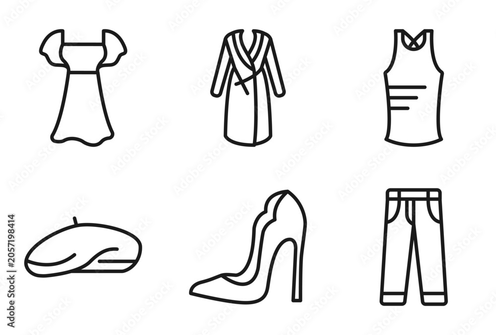Naklejka premium outline clothes collection. icons set - chiffon dress, housecoat, sleeveless shirt, jeans. editable vector for web and mobile ui