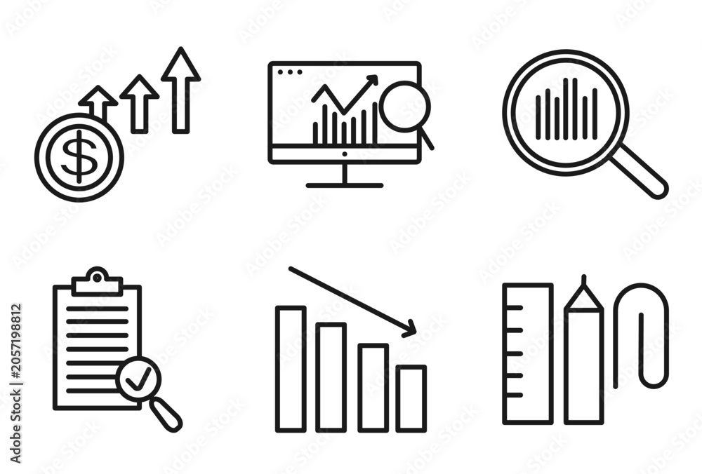Obraz premium outline business and analytics icons set - increase money, database analysing, search analytics, supplies. editable vector for web and mobile ui