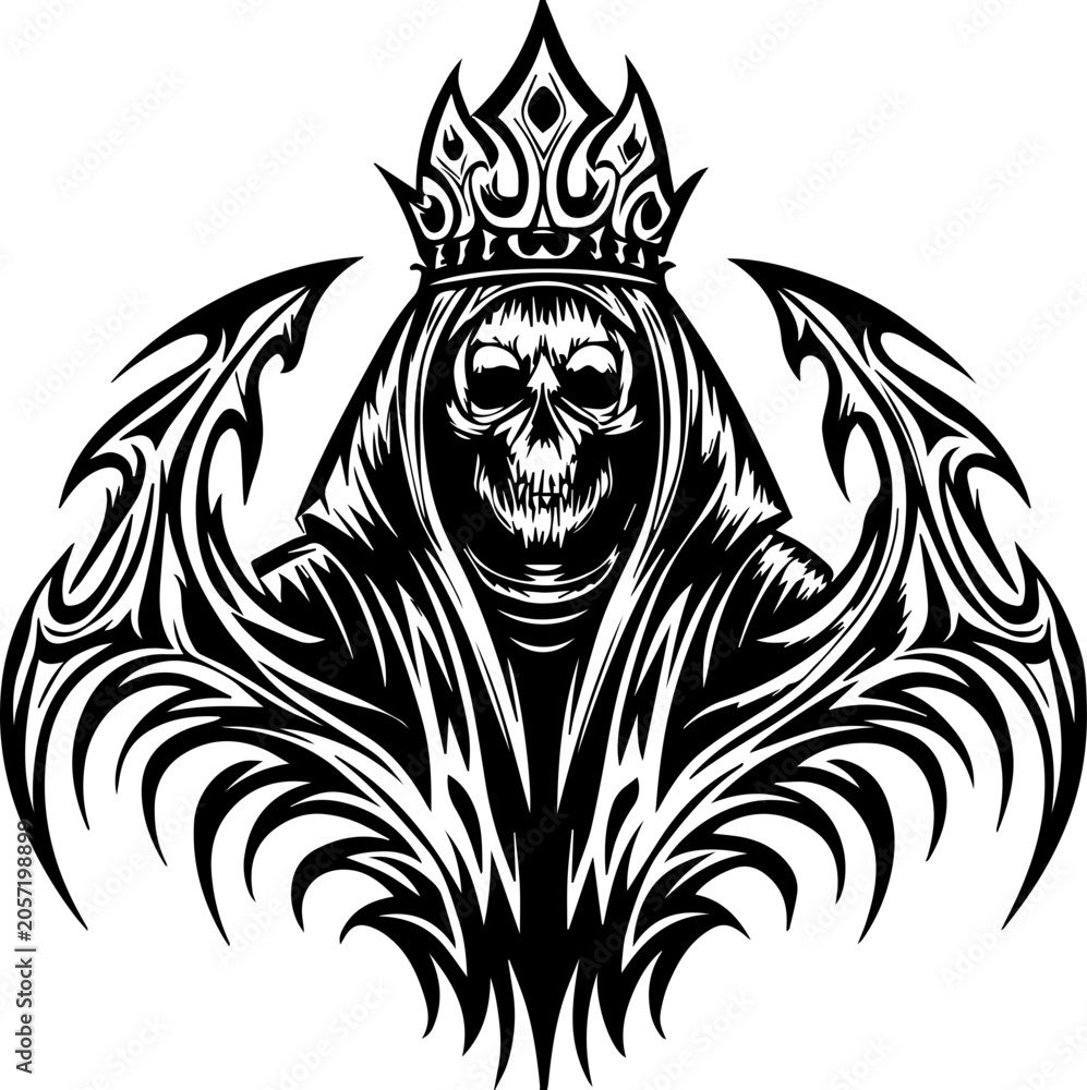 Fototapeta premium SVG vector illustration of a dark style skeleton tattoo wearing a crown.Skull crowned with ornate king crown in black and white illustration