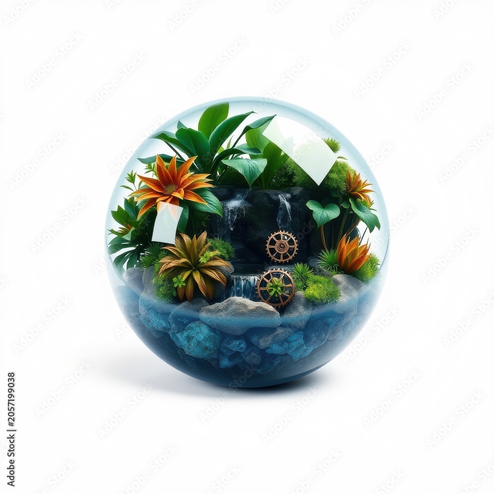 Obraz premium Glass sphere contains lush vegetation, waterfall, rocks, gears. Miniature ecosystem inside reflective orb. Bright colors, detailed textures.