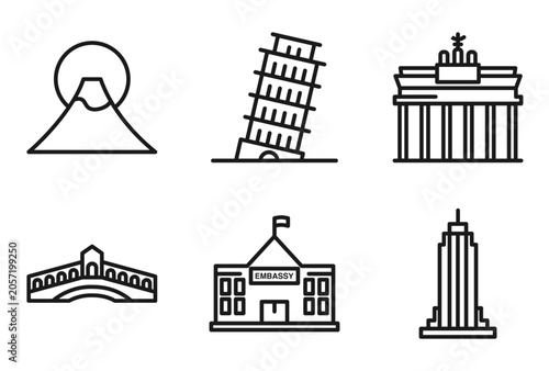 Slika na platnu outline buildings icons set - fuji mountain, pisa tower, brandenburg gate, state building