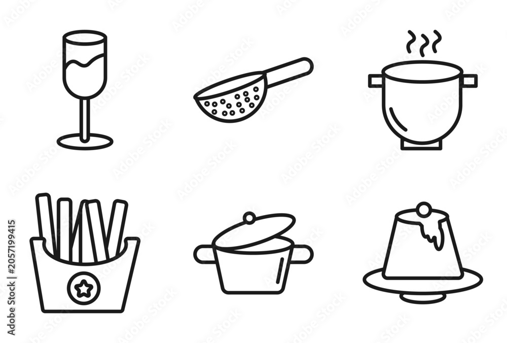 Obraz premium outline bistro and restaurant icons set - wide glass, strainer with handle, boiling water pan, creme caramel. editable vector for web and mobile ui