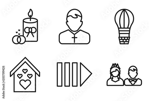 Photos outline birthday and party icons set - wedding candle, pastor, air balloon, wedding couple
