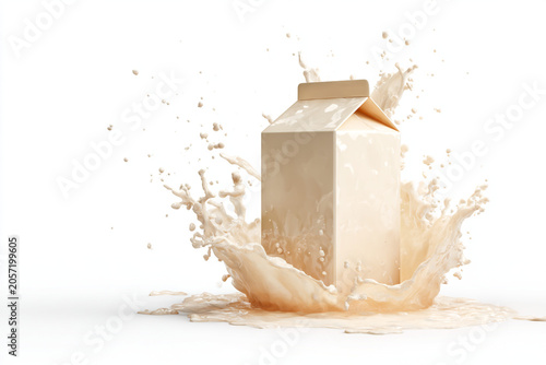 Blank cardboard milk carton with liquid splash, beige paper beverage packaging mockup, dairy or plant-based drink container on white background