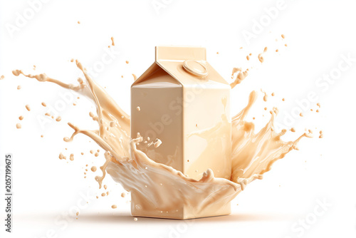 Milk carton packaging with liquid splash, beige dairy product container on white background, creamy beverage splash around paper box mockup