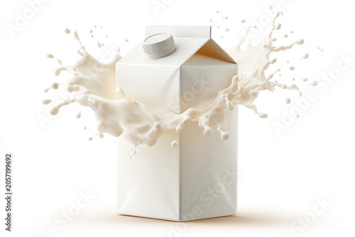 White milk carton mockup with liquid splash, blank beverage packaging box, dairy product container with dynamic cream crown on white background