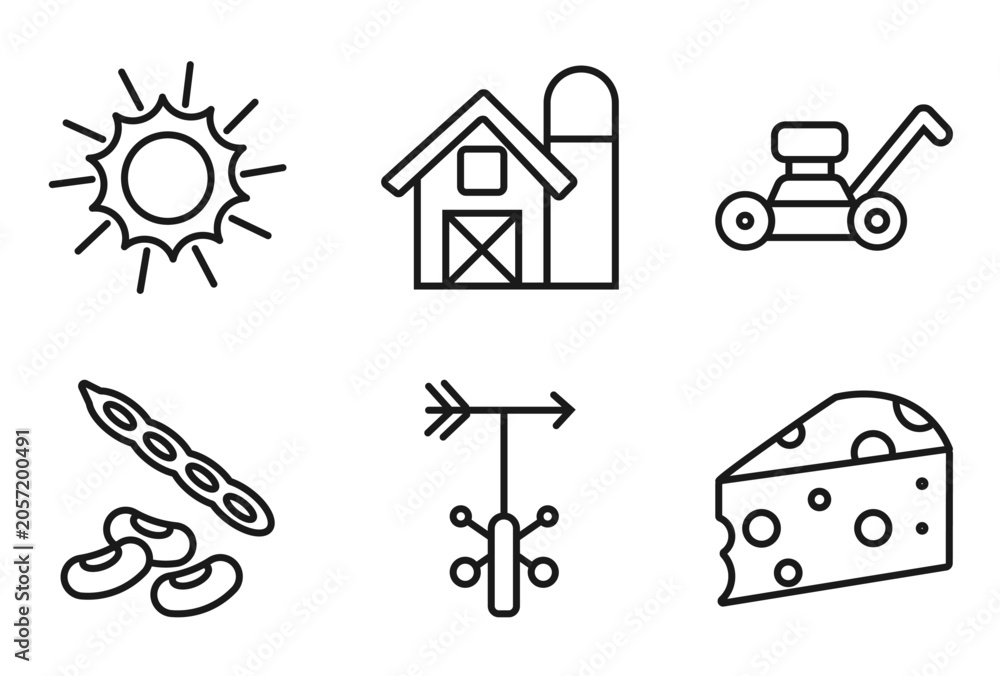Obraz premium outline agriculture farming icons set - sunny, barn, mower, cheese. editable vector for web and mobile ui