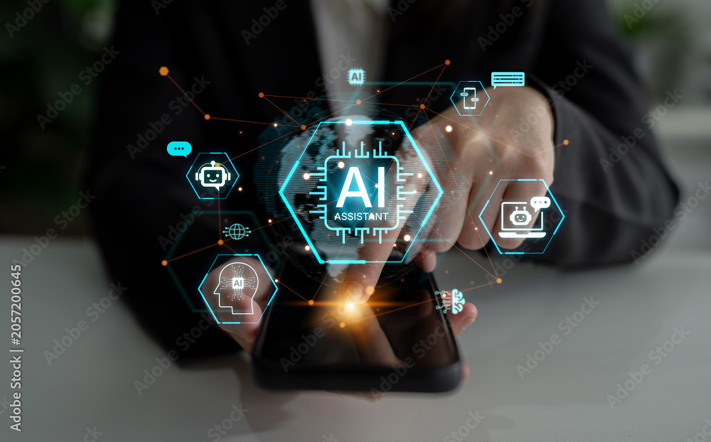 Wall Mural Global AI Assistant network and digital AI connectivity nodes on world globe cyberspace background, futuristic AI technology connected ecosystem