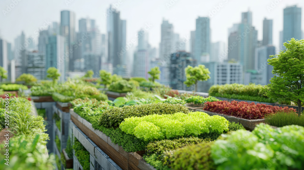 Fototapeta premium Automated urban agriculture on rooftop with green plants and vegetables growing in raised beds against city skyline