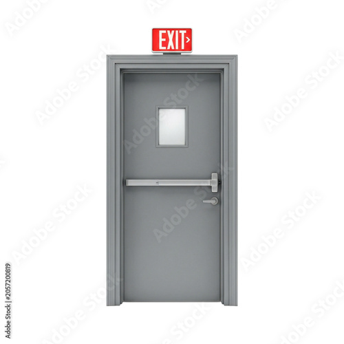 Illuminated red EXIT sign positioned above a sturdy grey metal emergency door, equipped with a panic bar, clearly indicating a safe route for egress