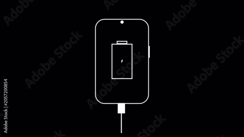Low battery 0% smart phone charging animation on a transparent background. Smartphone USB cable connected to charging battery screen animation.