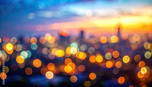 Vibrant Cityscape Bokeh Lights at Dusk with Colorful Sky.