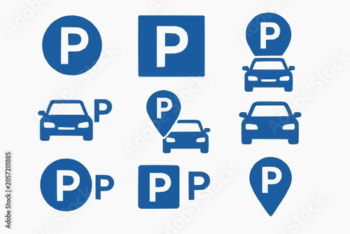 Car parking icon set, minimalist blue vector parking signs and map location pin symbols with car silhouette, isolated on white background.