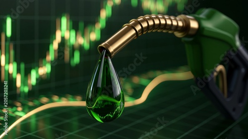 Green Fuel Drop Falls From Pump Nozzle Over Financial Market Chart Showing Trends in Eco Energy Trading and Investment in 8K Resolution