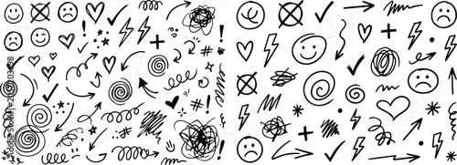 Sketchy arrow set with pen, crayon and chalk effects. Hand drawn style with brush and pencil strokes. Flat vector illustration isolated on white. Distressed rough texture for creative design.