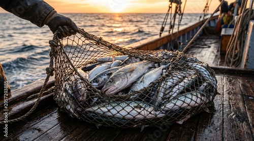 Fresh fish catch in net aboard fishing vessel at sunset