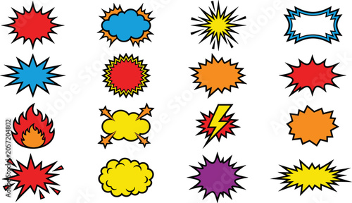 Collection of colorful comic book style speech bubbles and explosion bursts on white background