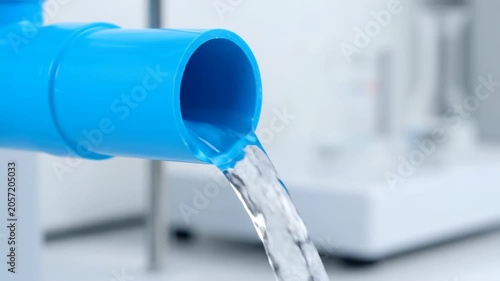 Clear Fresh Water Flowing From Blue Plastic Pipe.