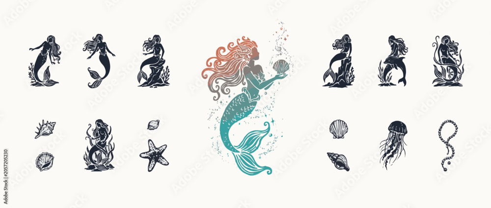 Fototapeta premium Fantasy Mermaid Silhouette Collection with Ocean Creatures and Underwater Decorative Elements