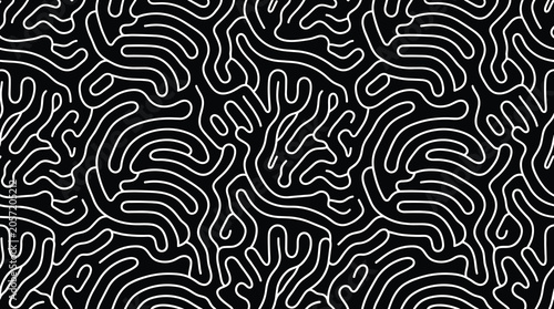Monochrome seamless pattern with white maze like lines on black background