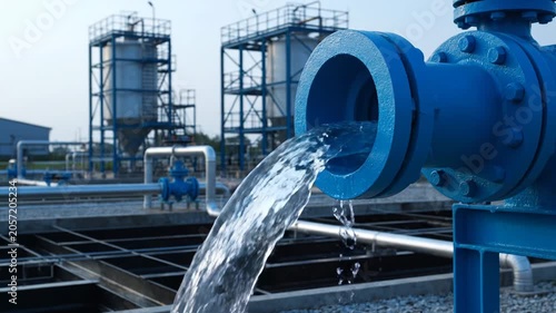 Industrial Water Flowing From Blue Pipe At Treatment Plant.