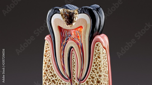 Human Tooth Cross Section Shows Decay and Infection in Medical Illustration With Dark Background
