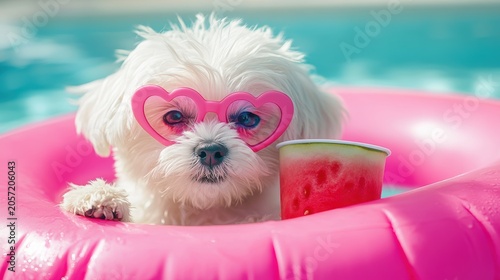 White Maltese puppy wearing pink heart sunglasses sitting and eating watermelon on beach chair and beach umbrella by the sea in resting summer vacation,orange cat,pet friendly concept.