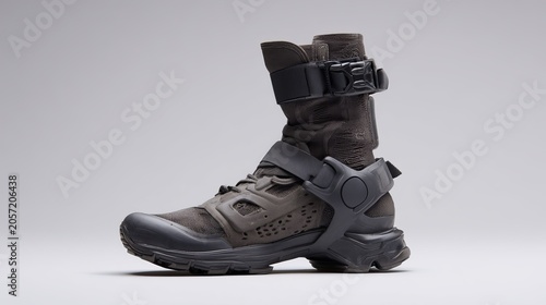 Detailed studio shot showcases rugged tactical boots with unique ankle support and aggressive tread, perfect for outdoor adventures and military use.