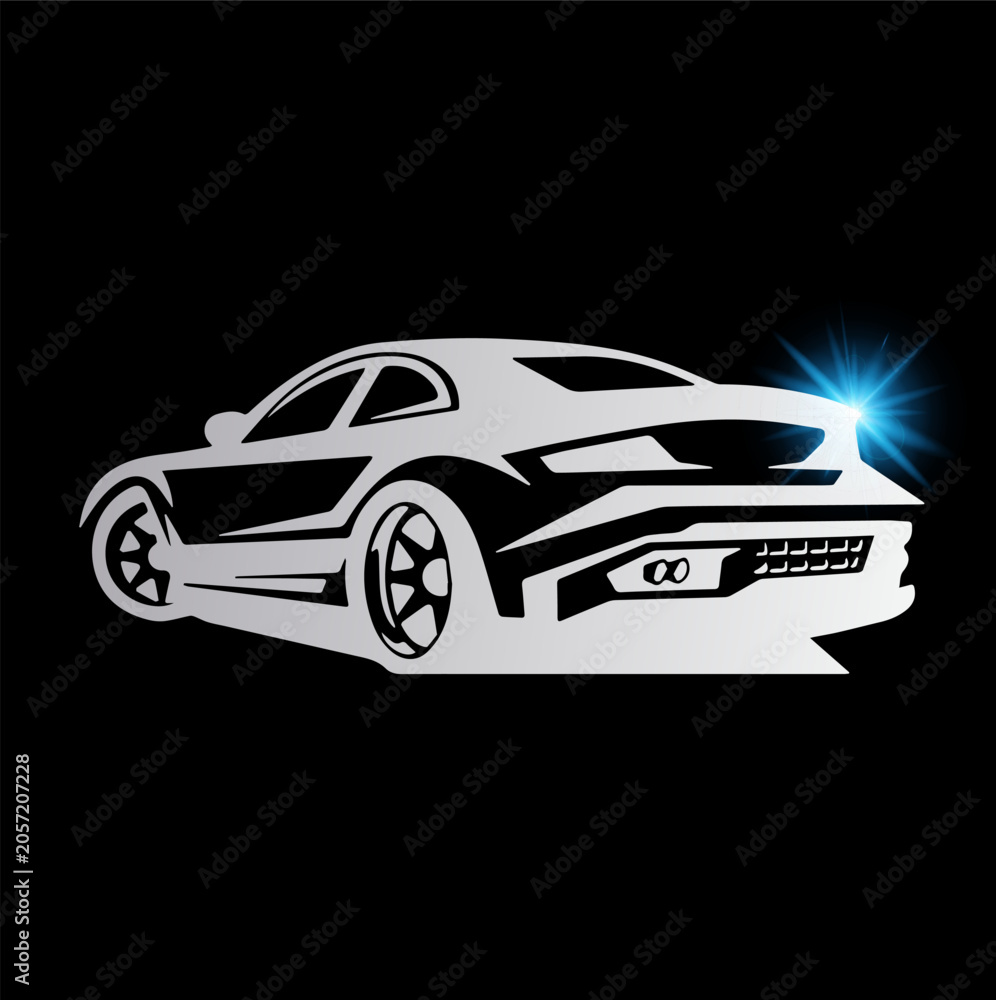 Naklejka premium Silver Sports Car Silhouette Vector Illustration with Blue Light Effect