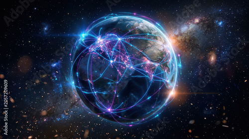 Holographic Earth floating in space, showcasing vibrant connections and networks across continents, symbolizing global communication and technology. scene evokes sense of wonder and innovation