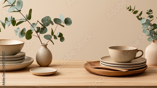 Minimalist Wooden Dining Table With Ceramic Tableware and Eucalyptus Branches on Beige Background in a Simple Dining Setting