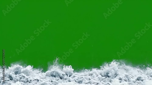 Realistic animated ocean wave crashing with white foam and spray, full frame overlay with green screen background for easy compositing and video editing