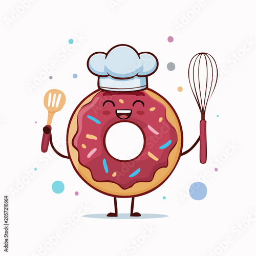 Cute Donut Chef Character with Whisk and Spatula