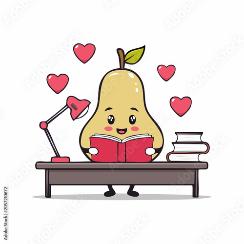 Cute Pear Character Reading a Book with Hearts
