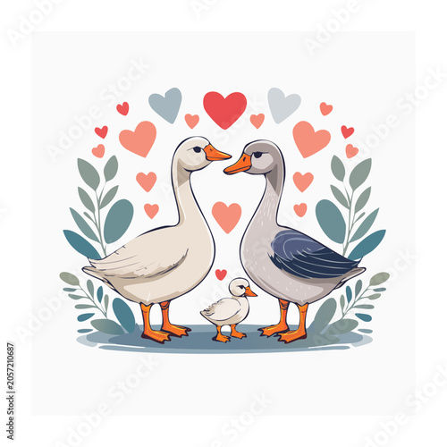 Flat color vector illustration of two swans with hearts