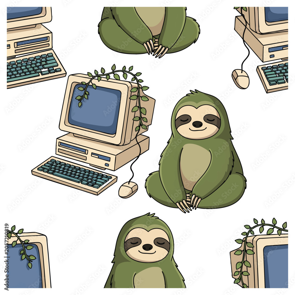 Fototapeta premium Cute cartoon sleeping sloths surrounded by office supplies and tech gadgets, concept for work-life balance, productivity apps, stress relief, and playful office decor design elements