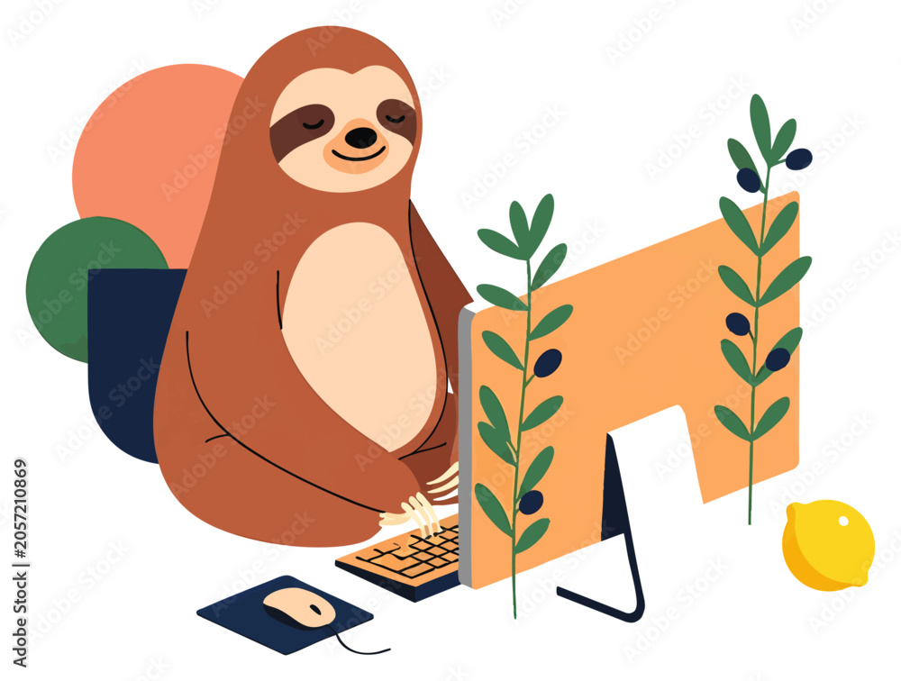 Fototapeta premium Cute playful sloth hanging on a wooden branch with lush green leaves and a lemon, concept for wildlife conservation, children's book illustration, eco-friendly branding, and nature-themed merchandise