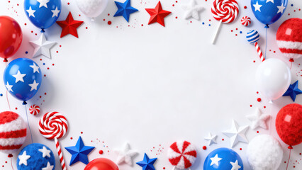 4th of July border with balloons in red, white and blue around negative space, copy space, for your message.