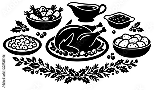 Foto Thanksgiving roast turkey feast illustration with traditional side dishes gravy