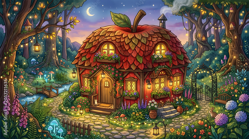 Fototapeta premium Whimsical fairy tale cottage in enchanted forest at twilight