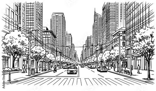 Принти на полотні Hand drawn city avenue street vector illustration with modern skyscrapers and roadside trees in perspective, isolated black and white urban sketch background for architectural layout design