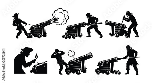 Quadro em tela Pirate firing cannon silhouettes black vector illustration on white background