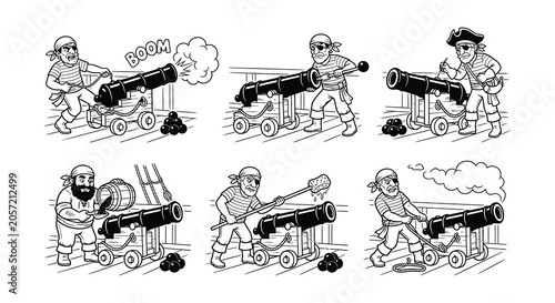 Photos Pirate firing cannon silhouettes black vector illustration on white background
