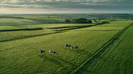 Aerial view of Normandy green fields divided by hedgerows with grazing cows. Soft cloudy light creates a tranquil mood ideal for tourism, farm branding, and clean website hero backgrounds.