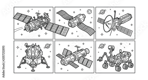 Fényképezés Satellites Orbiting Earth Black And White Vector Illustration